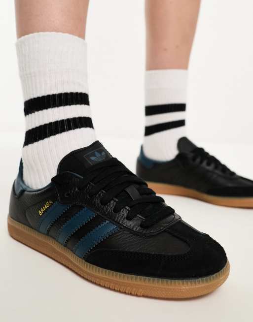 adidas Originals Samba sneakers in black and blue with gum sole