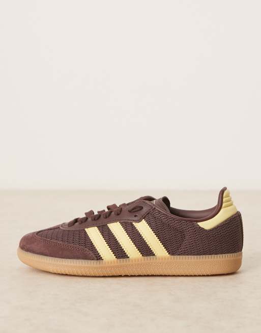 adidas Originals samba sneakers in burgundy and yellow