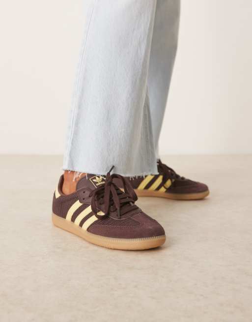 adidas Originals samba sneakers in burgundy and yellow