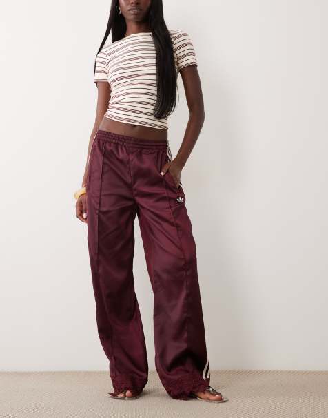adidas Originals satin firebird track pants with lace hem in burgundy - view 1