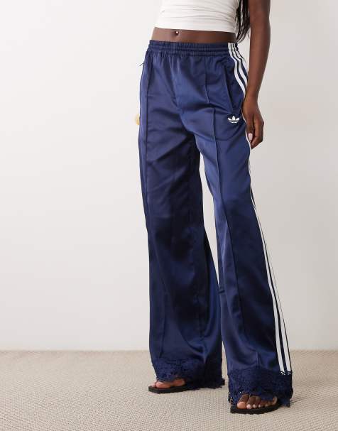 adidas Originals satin firebird track pants with lace hem in navy - view 1