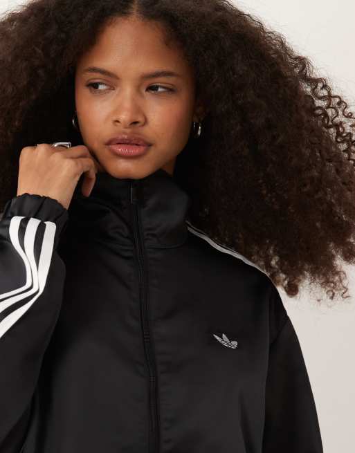 adidas Originals satin firebird track top with lace hem in black