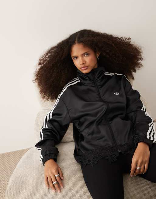 adidas Originals satin firebird track top with lace hem in black