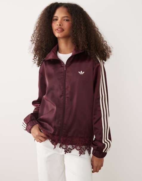adidas Originals satin firebird track top with lace hem in burgundy - view 1