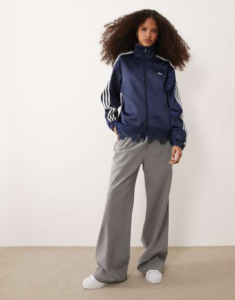 adidas Originals satin Firebird track top with lace hem in navy - view 1