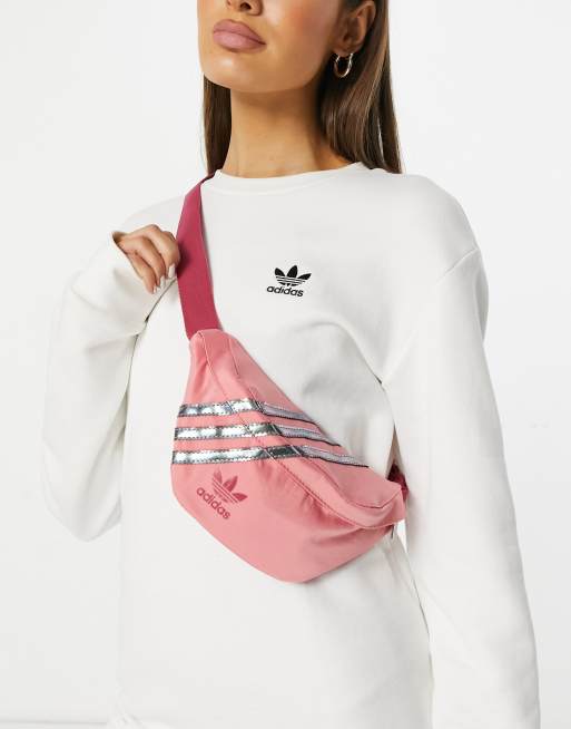 adidas Originals satin look logo bum bag in pink with sequin three stripes