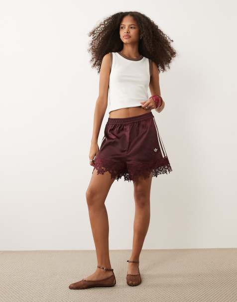 adidas Originals satin shorts with lace hem in burgundy - view 1