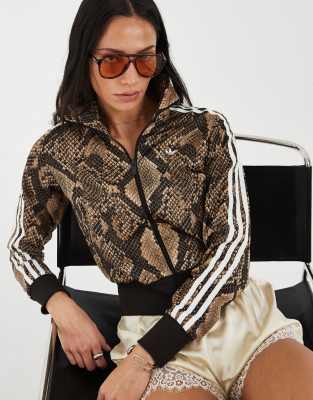 Adidas Originals Satin Snake Print Classic Firebird Track Jacket In Brown