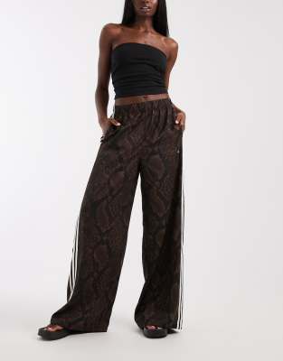 Adidas Originals Satin Snake Print Wide Leg Track Pants In Brown