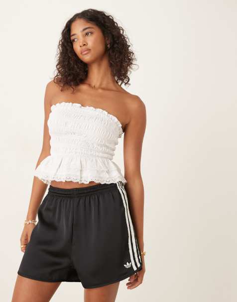 adidas Originals satin Sprinter shorts in black with ruffle 3 stripe - view 1