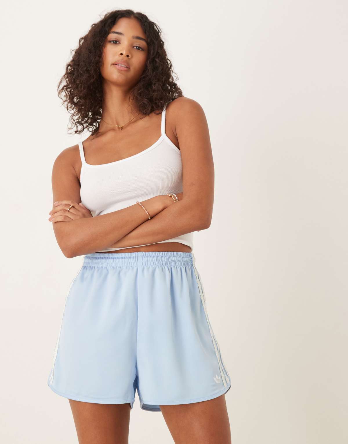 adidas Originals satin sprinter shorts in blue with ruffle 3 stripe