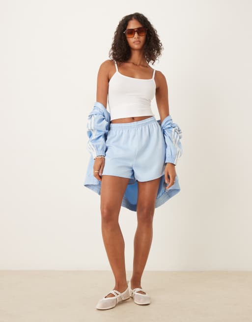 adidas Originals satin sprinter shorts in blue with ruffle 3 stripe, 3 of 5