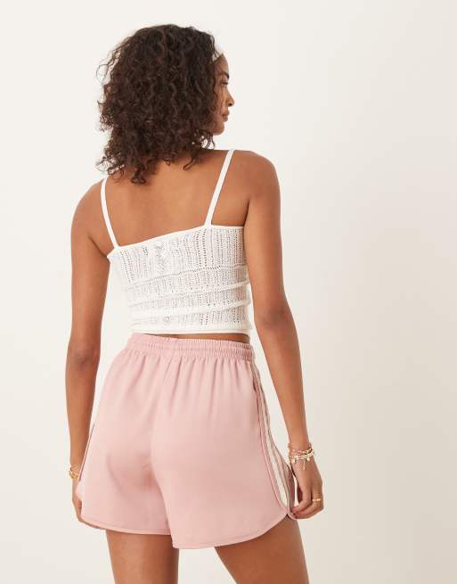 adidas Originals satin sprinter shorts in pink with ruffle 3