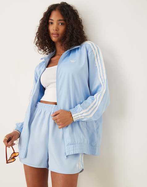 adidas Originals satin track top in blue with ruffle 3 stripe - view 1