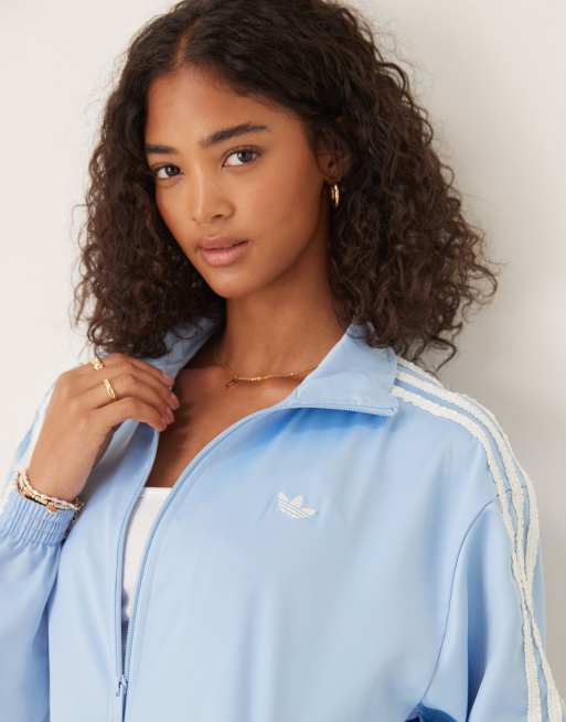 adidas Originals satin track top in blue with ruffle 3