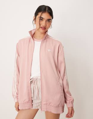 adidas Originals satin track top in pink with ruffle 3 stripe