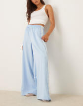 adidas Originals satin wide leg trackies in blue with ruffle 3 stripe
