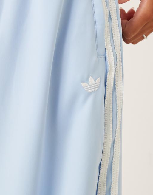 adidas Originals satin wide leg trackies in blue with ruffle 3 stripe