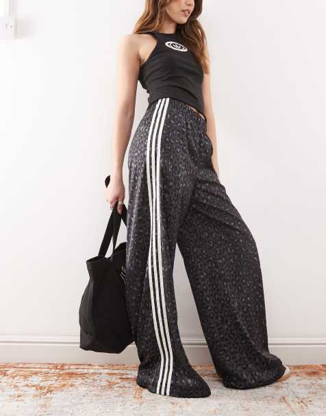 adidas Originals satin wide leg track pants in black leopard print  - MULTI