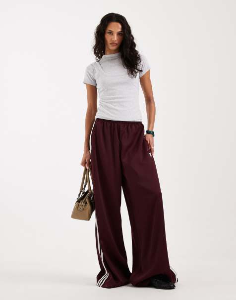 adidas Originals satin wide leg track pants in maroon and off white - view 1
