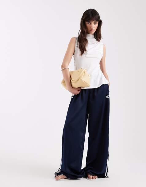 adidas Originals satin wide leg track pants in navy and off white