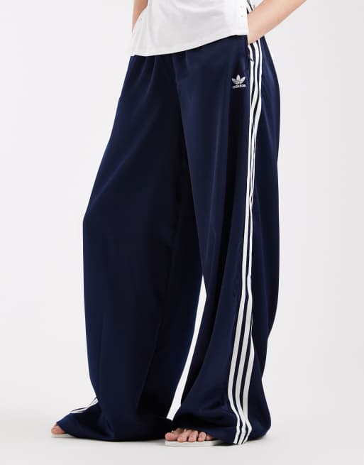 adidas Originals satin wide leg track pants in navy and off white