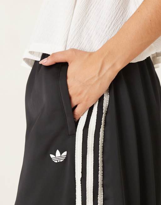 adidas Originals satin wide leg trackies in black with ruffle 3 stripe