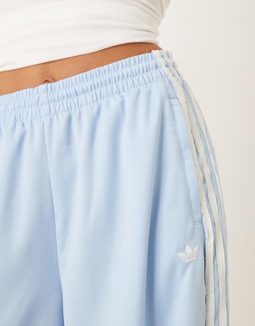 adidas Originals satin wide leg trackies in blue with ruffle 3 stripe