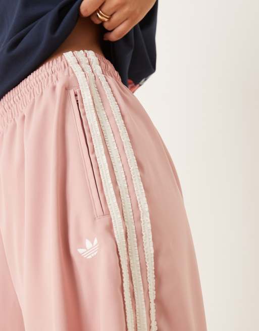 adidas Originals satin wide leg trackies in pink with ruffle 3 stripe
