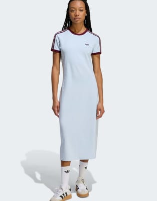 adidas Originals - Schmal geschnittenes Kleid in Crystal Sky / Kastanienbraun mit den drei Streifen-Blau