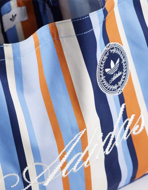 adidas Originals script logo tote bag in blue and brown stripe, 3 of 4