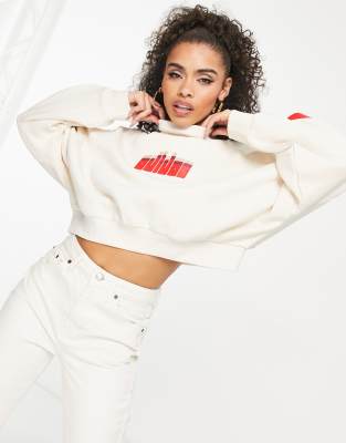 adidas Originals ’ski chic’ retro high neck sweatshirt in oatmeal and red-White