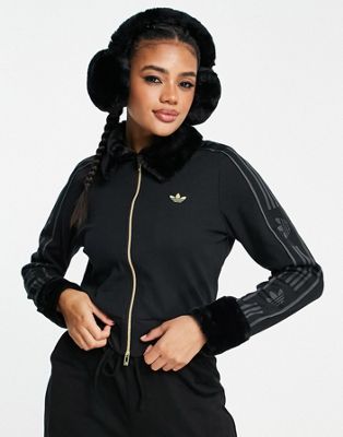 adidas Originals 'ski chic' rib track jacket with fluffy trims in black