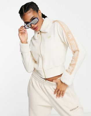 adidas Originals 'ski chic' rib track top with fluffy trims in oatmeal  - ASOS Price Checker