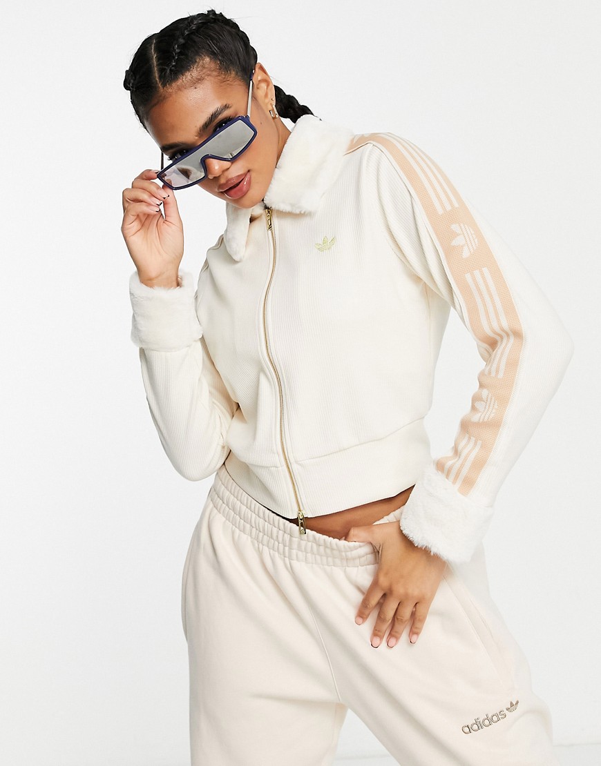 adidas Originals 'ski chic' rib track top with fluffy trims in oatmeal-White