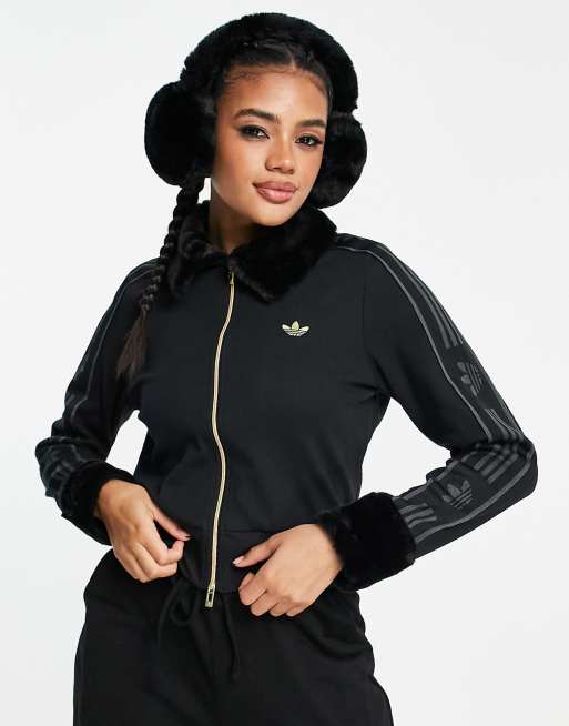 adidas Originals - 'ski chic' - Sort ribstrikket træningstop med kanter af imiteret pels