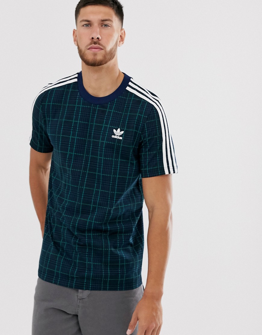 Adidas Originals – Skotskrutig t-shirt med 3 ränder-Marinblå