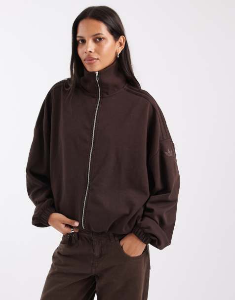 adidas Originals soft touch zip up funnel jacket in brown - view 1