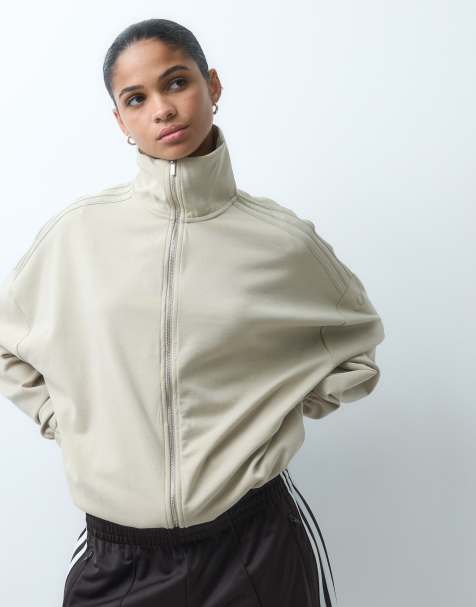 adidas Originals soft touch zip up funnel jacket in light khaki - view 1
