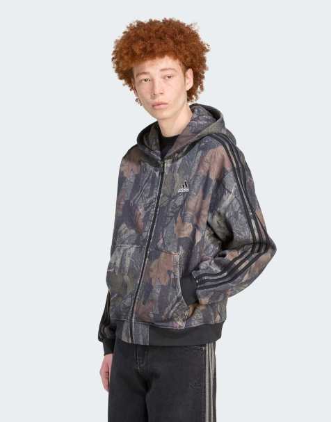 adidas Originals - Sort hættetrøje med gennemgående lynlås og camouflage-print - view 1