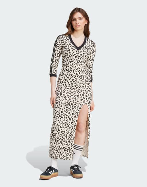 adidas Originals - Sort maxikjole med leopardprint og 3 striber