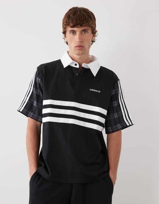 adidas Originals - Sort og skotskternet polotrøje i rugby-stil med almindelig pasform