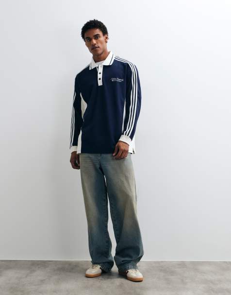 adidas Originals sport club long sleeve polo in navy and white