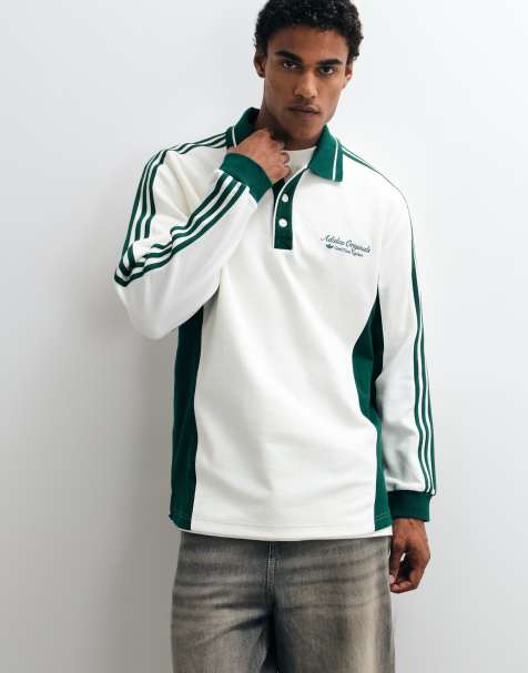 adidas Originals sport club long sleeve polo in off white and green - view 1