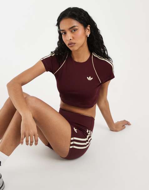 adidas Originals Sport cropped t-shirt in burgundy and cream - view 1