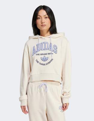 Sports Varsity cropped hoodie in cream and purple-White