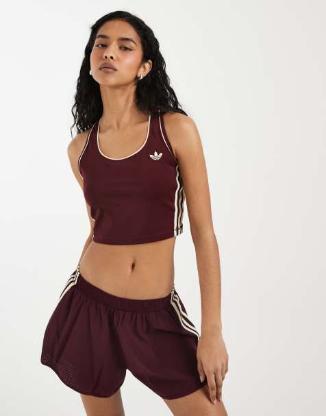 adidas Originals sporttopp med fyrkantig halsringning i burgundy och cream - view 1