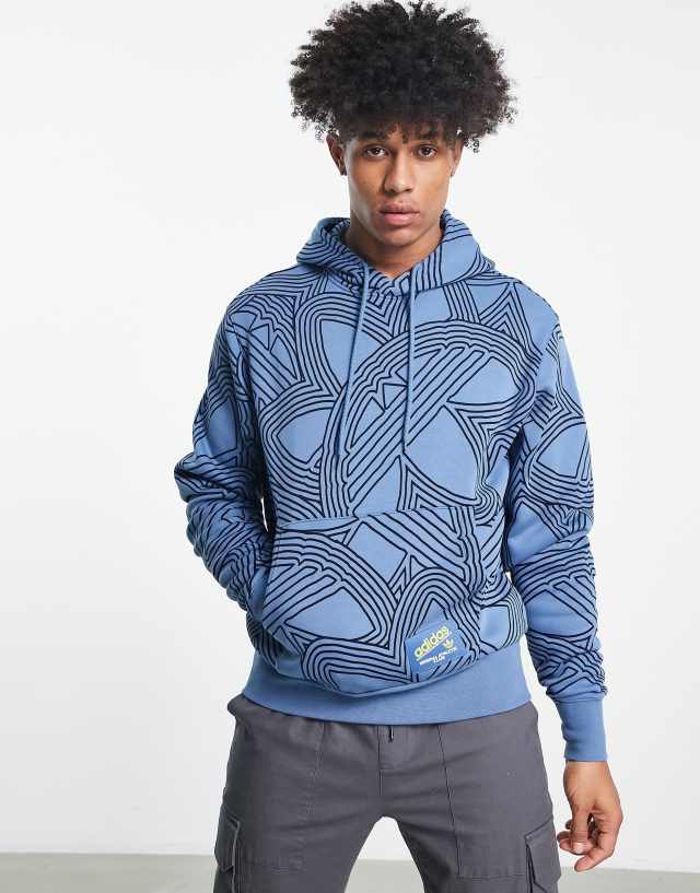 adidas Originals SPRT all over logo hoodie in blue