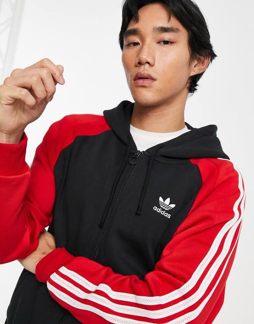 adidas Originals SPRT three stripe color block hoodie in black and red