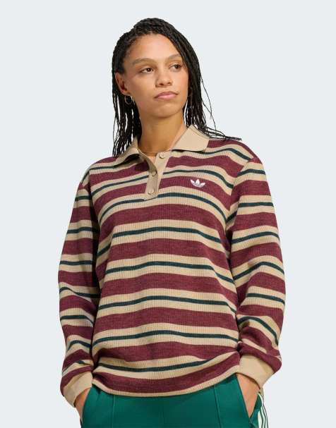 adidas Originals Stripe knitted polo top in shadow red - view 1